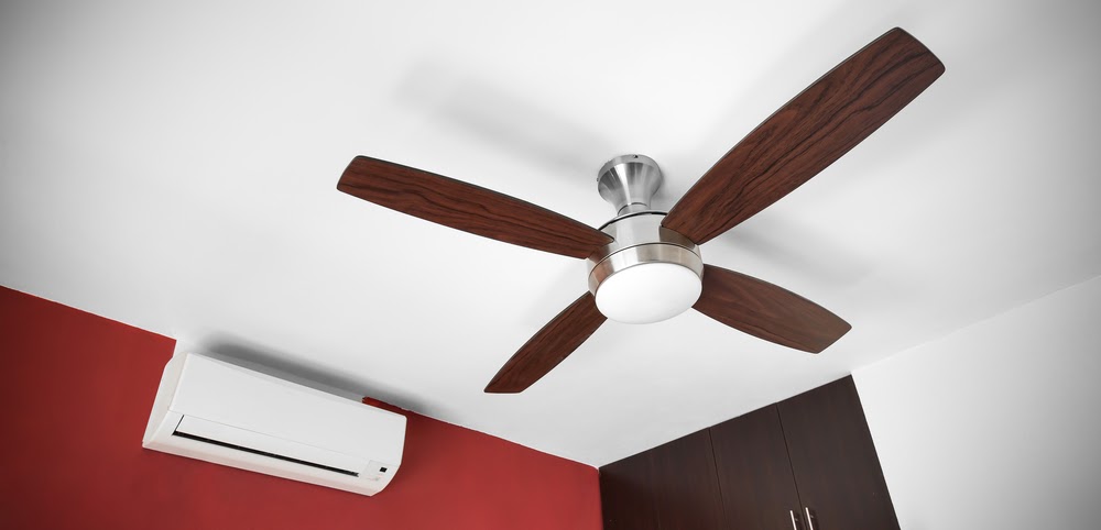 Electric ceiling fan and split-system air conditioner at the room