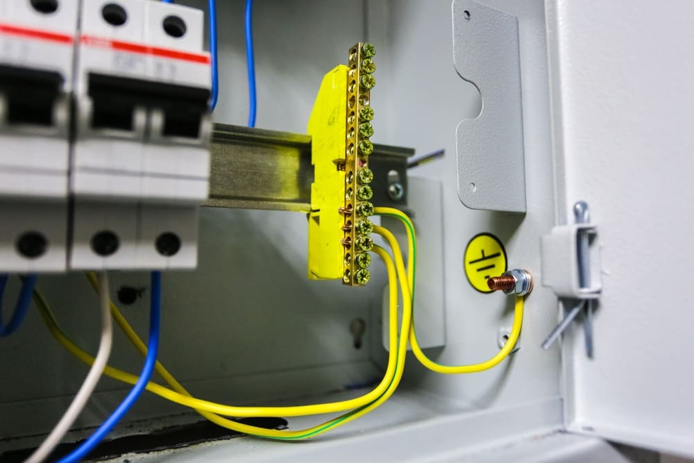 Electrical panel with wiring connections.