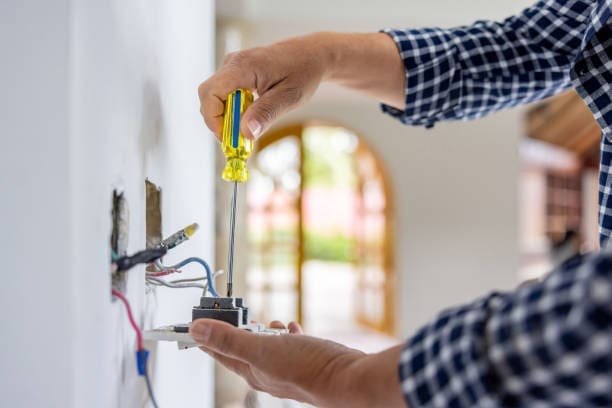 Electrician installing power outlet.
