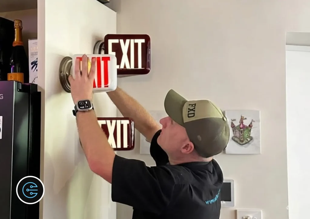 Leonard at All Electrics fitting an antique white glass exit light to a wall beside two maroon exit lights.