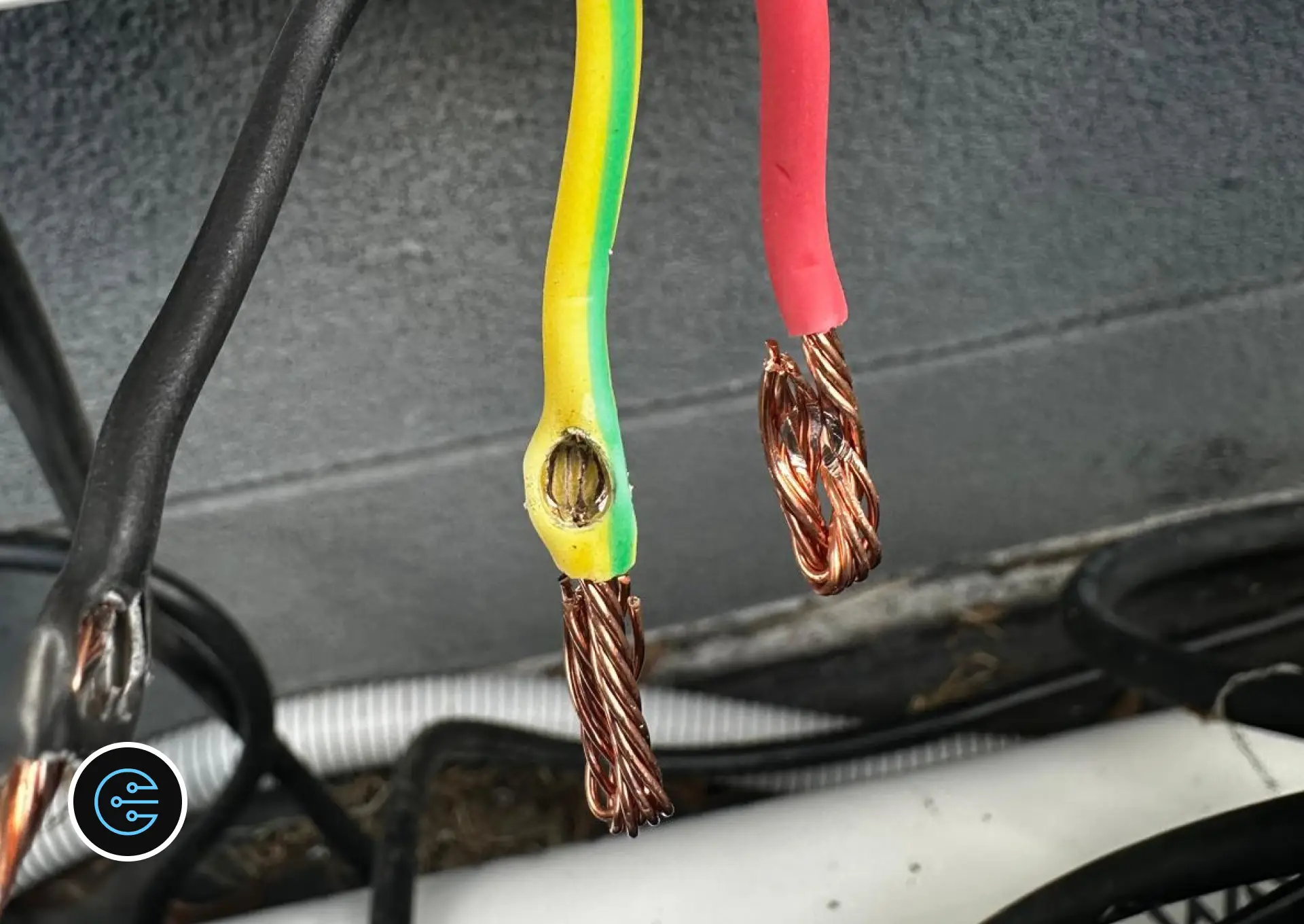 Old power point wires with a damaged green and yellow earth wire and a red active wire, pulled from the outdoor box.